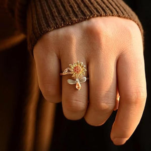 Lujo™ | Anillos antiestrés vintage con diseño de abeja y girasol